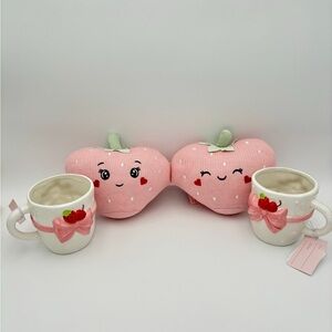 Strawberry Hearts Friends Valentine Knit Plush and Strawberry Bow Ceramic Mugs